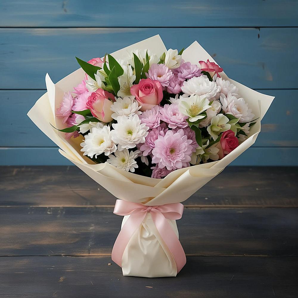 Букет цветов из: Хризантемы, Альстромерии и Розы в Заполярном Республики Коми